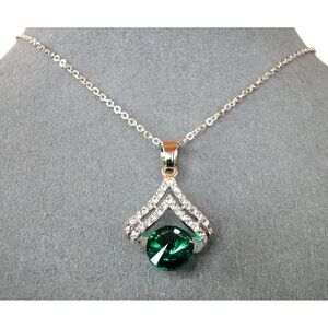 Green Crystal Pendant Necklace & Earrings Set 18" Chain